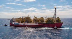 The Valencia Knutsen, a Spanish-flagged tanker, is transporting the LNG cargo from the Prelude complex in block WA-44-L. The Valencia Knutsen, a Spanish-flagged tanker, is transporting the LNG cargo from the Prelude complex in block WA-44-L.