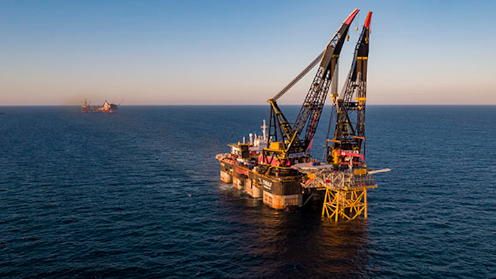 Heerema’s Thialf installing the 2,000-metric ton (2,205-ton) Valhall Flank West topsides at the Valhall field in the southern Norwegian North Sea.