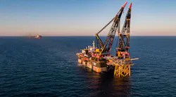Heerema’s Thialf installing the 2,000-metric ton (2,205-ton) Valhall Flank West topsides at the Valhall field in the southern Norwegian North Sea.
