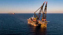 Heerema’s Thialf installing the 2,000-metric ton (2,205-ton) Valhall Flank West topsides at the Valhall field in the southern Norwegian North Sea. Heerema’s Thialf installing the 2,000-metric ton (2,205-ton) Valhall Flank West topsides at the Valhall field in the southern Norwegian North Sea.