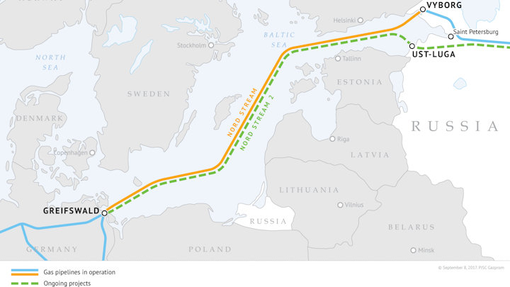 Map of the routes for Nord Stream and Nord Stream 2.