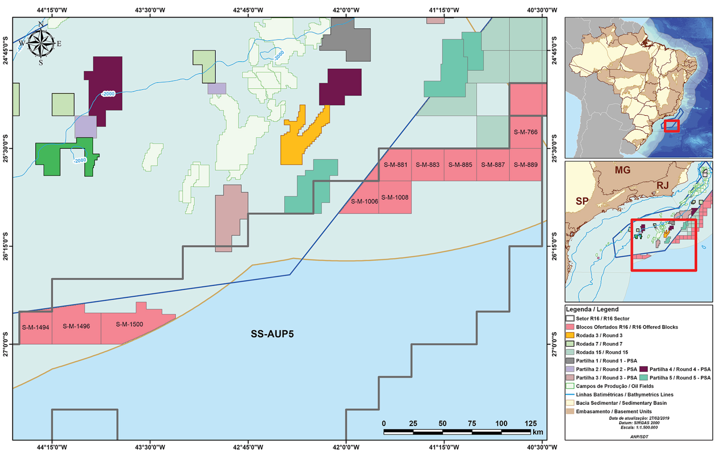 Blocks on offer in the Santos basin for the 16th Bidding Round.