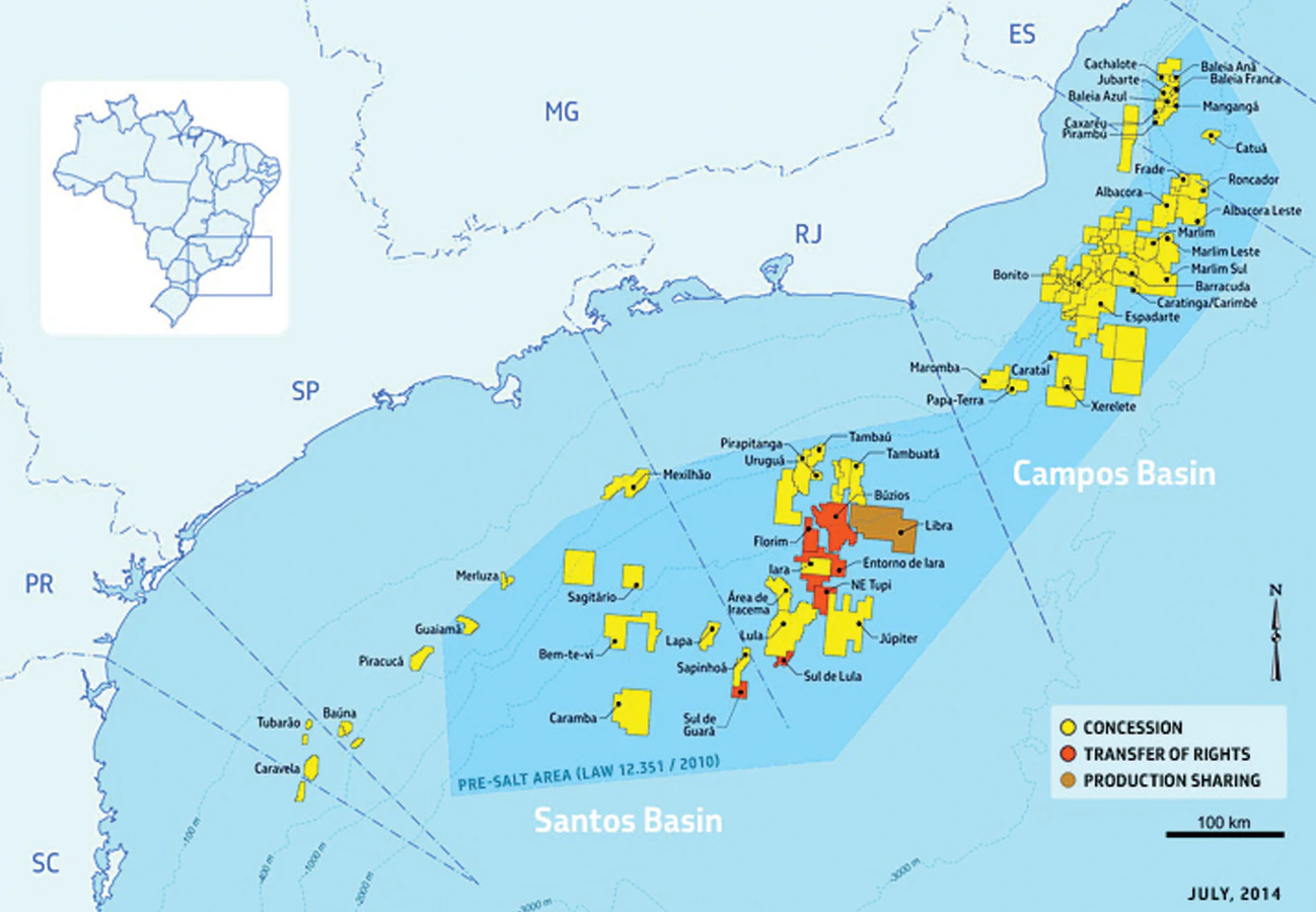 Petrobras' (in red) share in the Transfer of Rights Area of the pre-salt in the Santos basin.