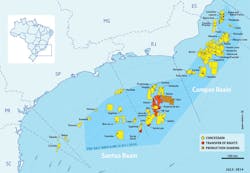Petrobras’ interests (in red) in the Transfer of Rights Area in the presalt Santos basin. Petrobras’ interests (in red) in the Transfer of Rights Area in the presalt Santos basin.