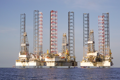 Stacked jackup rigs awaiting industry activity to increase.