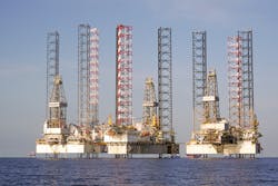 Stacked jackup rigs awaiting industry activity to increase. Stacked jackup rigs awaiting industry activity to increase.