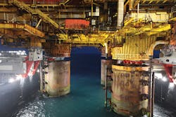 The Pioneering Spirit lifting the Brent B platform topsides. (Courtesy Allseas) The Pioneering Spirit lifting the Brent B platform topsides. (Courtesy Allseas)