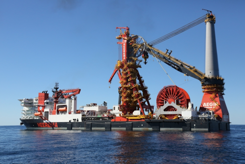 The heavy-lift vessel Aegir will install 21 four-legged jacket foundations at the Changhua wind farm offshore Taiwan.