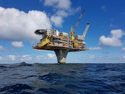 Draugen produces through a concrete gravity base platform in the Norwegian Sea. Draugen produces through a concrete gravity base platform in the Norwegian Sea.