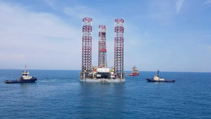 The jackup GSP Uranus approaching installation in the Black Sea.