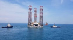 The jackup GSP Uranus approaching installation in the Black Sea. The jackup GSP Uranus approaching installation in the Black Sea.