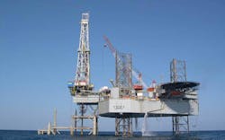 The jackup drilling rig Noble Joe Beall is under contract to Saudi Aramco. The jackup drilling rig Noble Joe Beall is under contract to Saudi Aramco.