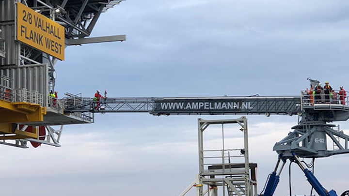 An E-type walk-to-work system was used to transport personnel from the Normand Jarstein vessel to the normally unmanned platform in the Norwegian North Sea.