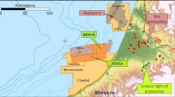 Geochemical analysis indicates a hydrocarbon charge from Cretaceous or younger source in the Mohammedia and Kenitra licenses offshore Morocco.