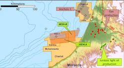Geochemical analysis indicates a hydrocarbon charge from Cretaceous or younger source in the Mohammedia and Kenitra licenses offshore Morocco. Geochemical analysis indicates a hydrocarbon charge from Cretaceous or younger source in the Mohammedia and Kenitra licenses offshore Morocco.