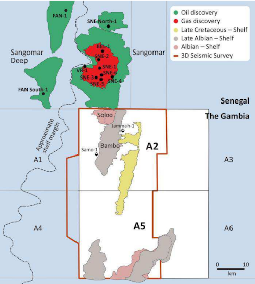 FAR’s A2 and A5 blocks and prospects offshore The Gambia in comparison to the Senegal RSSD discoveries.