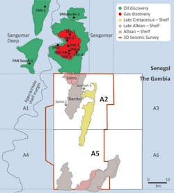 FAR&rsquo;s A2 and A5 blocks and prospects offshore The Gambia in comparison to the Senegal RSSD discoveries.