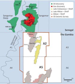 FAR’s A2 and A5 blocks and prospects offshore The Gambia in comparison to the Senegal RSSD discoveries. FAR’s A2 and A5 blocks and prospects offshore The Gambia in comparison to the Senegal RSSD discoveries.