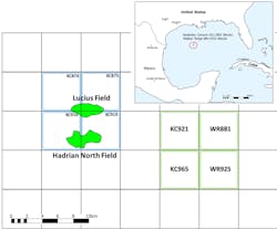 Keathley Canyon blocks 921 and 965 and Walker Ridge blocks 881 and 925 are about 380 km (236 mi) offshore Louisiana. Keathley Canyon blocks 921 and 965 and Walker Ridge blocks 881 and 925 are about 380 km (236 mi) offshore Louisiana.
