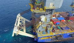 The DLV 2000 performed piggy-back pipelay in S-lay mode at the KG-D6 R-Cluster field development offshore India. The DLV 2000 performed piggy-back pipelay in S-lay mode at the KG-D6 R-Cluster field development offshore India.