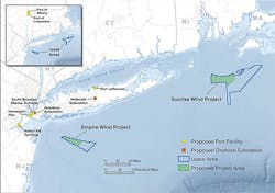 Locations of the proposed Empire Wind and Sunrise Wind projects offshore New York.