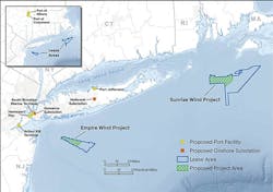 Locations of the proposed Empire Wind and Sunrise Wind projects offshore New York. Locations of the proposed Empire Wind and Sunrise Wind projects offshore New York.
