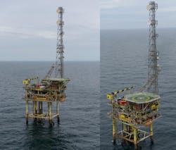 The normally unmanned platforms Pickerill A (right) and Pickerill B (left) in the UK southern North Sea. The normally unmanned platforms Pickerill A (right) and Pickerill B (left) in the UK southern North Sea.