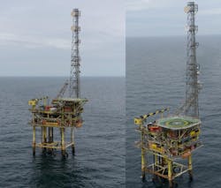 The normally unmanned platforms Pickerill A (right) and Pickerill B (left) in the UK southern North Sea.