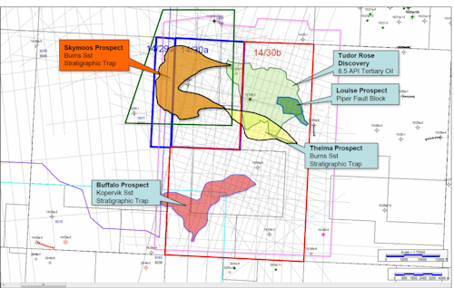 Map showing prospectivity in block 14/30b in the UK central North Sea and proximity to the Skymoos prospect.