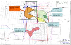 Map showing prospectivity in block 14/30b in the UK central North Sea and proximity to the Skymoos prospect. Map showing prospectivity in block 14/30b in the UK central North Sea and proximity to the Skymoos prospect.