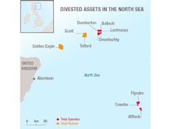 Map of Total's divested assets in the UK central North Sea. Map of Total's divested assets in the UK central North Sea.