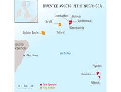 Map of Total's divested assets in the UK central North Sea. Map of Total's divested assets in the UK central North Sea.