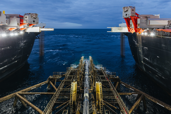 The Allseas pipelay vessel Pioneering Spirit completes construction of the offshore section of the TurkStream pipeline in the Black Sea.
