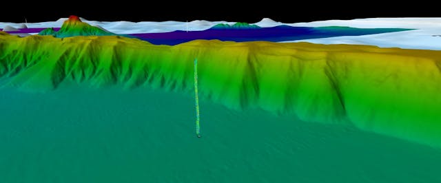 3D rendering in Fledermaus of Sarawak bathymetry showing a water column anomaly indicative of active gas seepage.