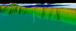 3D rendering in Fledermaus of Sarawak bathymetry showing a water column anomaly indicative of active gas seepage. 3D rendering in Fledermaus of Sarawak bathymetry showing a water column anomaly indicative of active gas seepage.