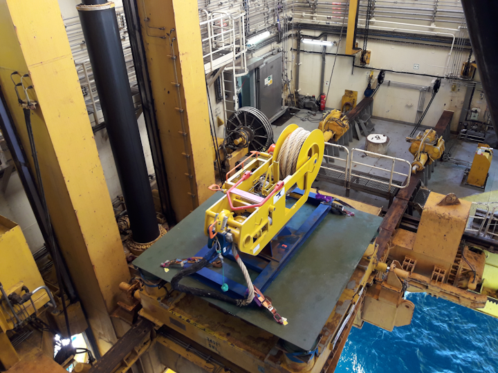 A tensioner component of the wellhead fatigue mitigation system in the moonpool ready for installation.