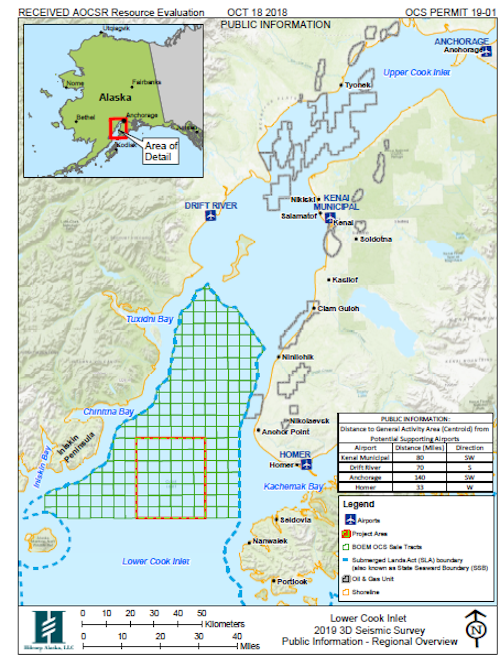 The area to be surveyed is in the lower Cook Inlet, west of Kachemak Bay.