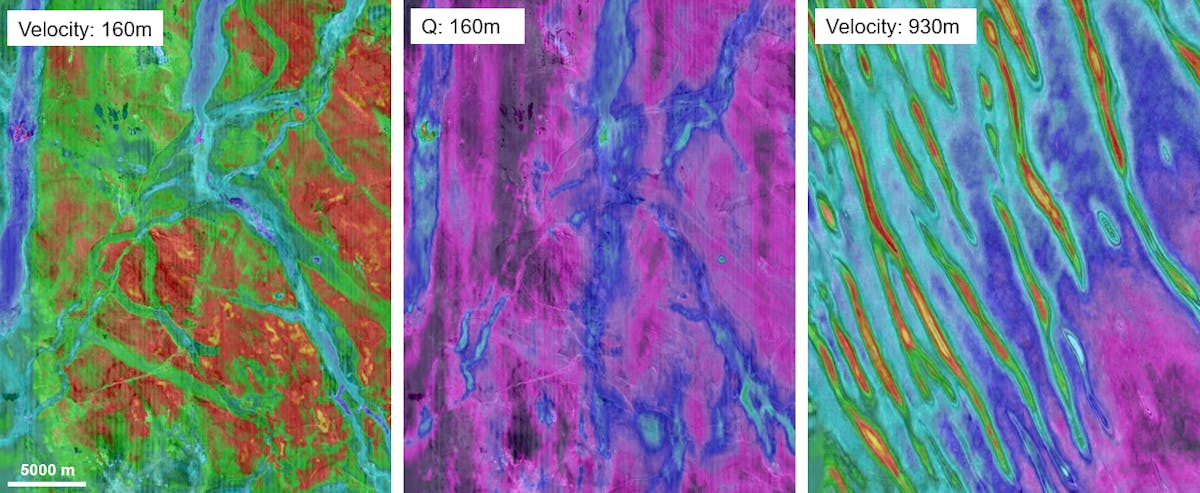 Depth slices through the Q-FWI Earth model: Velocity at 160 m depth (left) showing low-velocity channel features (blue/purple). Attenuation (Q) at 160 m (center) showing shallow gas anomalies (green/red). Velocity at 930 m (right) clearly defining high-velocity contourite channel anomalies (red/yellow).
