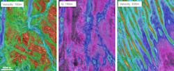 Depth slices through the Q-FWI Earth model: Velocity at 160 m depth (left) showing low-velocity channel features (blue/purple). Attenuation (Q) at 160 m (center) showing shallow gas anomalies (green/red). Velocity at 930 m (right) clearly defining high-velocity contourite channel anomalies (red/yellow). Depth slices through the Q-FWI Earth model: Velocity at 160 m depth (left) showing low-velocity channel features (blue/purple). Attenuation (Q) at 160 m (center) showing shallow gas anomalies (green/red). Velocity at 930 m (right) clearly defining high-velocity contourite channel anomalies (red/yellow).