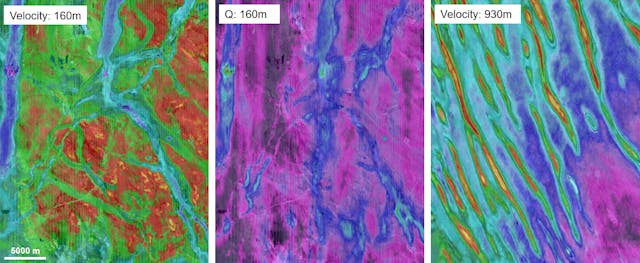 Depth slices through the Q-FWI Earth model: Velocity at 160 m depth (left) showing low-velocity channel features (blue/purple). Attenuation (Q) at 160 m (center) showing shallow gas anomalies (green/red). Velocity at 930 m (right) clearly defining high-velocity contourite channel anomalies (red/yellow).