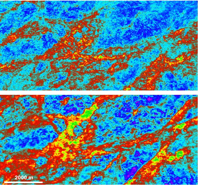 Vp/Vs ratio attribute generated from the seismic image angle stacks around the Forties formation: Legacy (top) and new Evolution result (bottom). The new results show a clear improvement in lithology discrimination of Forties reservoir sands from the overlying shales.
