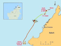 The 2011 North Sabah enhanced oil recovery production-sharing contract contains the St Joseph, South Furious, SF30 and Barton fields offshore Sabah, which collectively export to the Labuan crude oil terminal. The 2011 North Sabah enhanced oil recovery production-sharing contract contains the St Joseph, South Furious, SF30 and Barton fields offshore Sabah, which collectively export to the Labuan crude oil terminal.