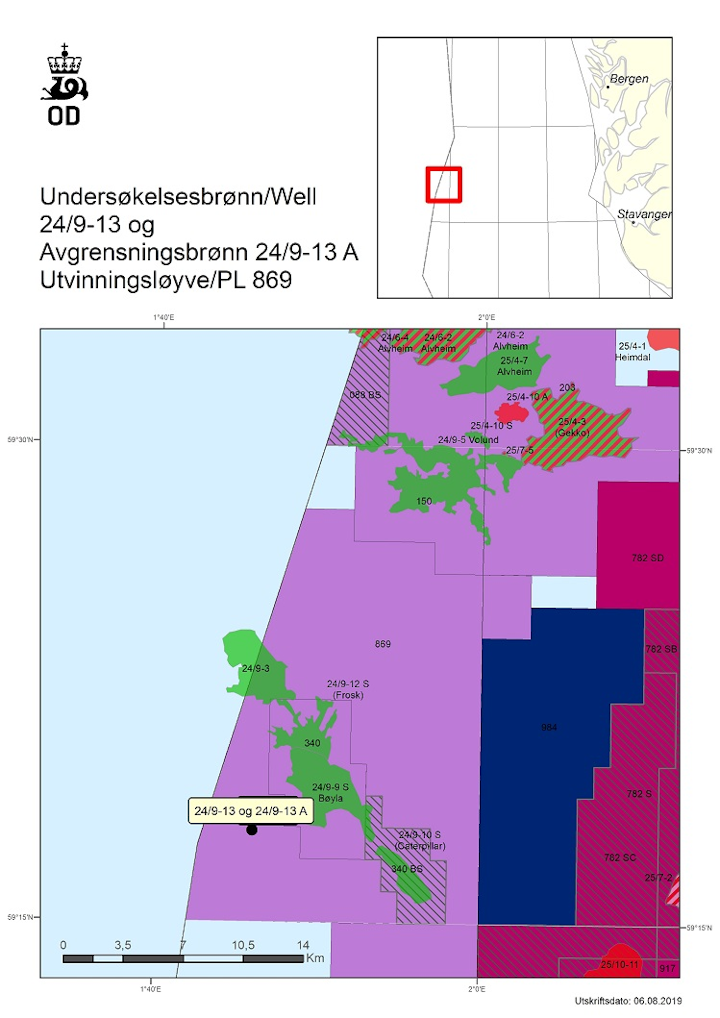 Wildcat well 24/9-13 and appraisal well 24/9-13 A are in production license 869 in the Norwegian North Sea.