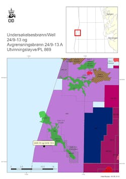 Wildcat well 24/9-13 and appraisal well 24/9-13 A are in production license 869 in the Norwegian North Sea. Wildcat well 24/9-13 and appraisal well 24/9-13 A are in production license 869 in the Norwegian North Sea.