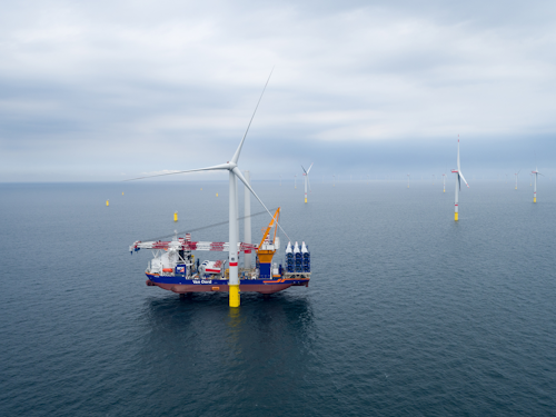 The offshore installation vessel Aeolus at the Deutsche Bucht offshore wind farm in the German North Sea.