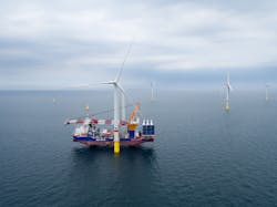 The offshore installation vessel Aeolus at the Deutsche Bucht offshore wind farm in the German North Sea.