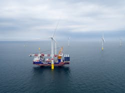 The offshore installation vessel Aeolus at the Deutsche Bucht offshore wind farm in the German North Sea. The offshore installation vessel Aeolus at the Deutsche Bucht offshore wind farm in the German North Sea.