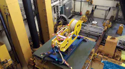 A tensioner component of the wellhead fatigue mitigation system in the moonpool ready for installation.