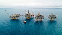 The Johan Sverdrup Phase 1 field development consists of a living quarters platform with auxiliary systems, a process platform, a drilling platform, and a riser platform.