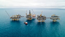 The Johan Sverdrup Phase 1 field development consists of a living quarters platform with auxiliary systems, a process platform, a drilling platform, and a riser platform. The Johan Sverdrup Phase 1 field development consists of a living quarters platform with auxiliary systems, a process platform, a drilling platform, and a riser platform.